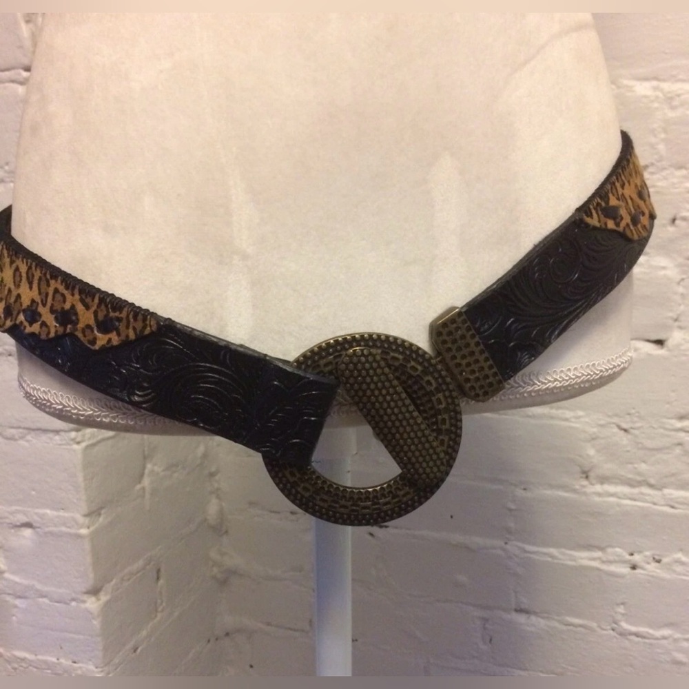 Chico's tooled black leather belt Leopard Pattern etched brass buckle